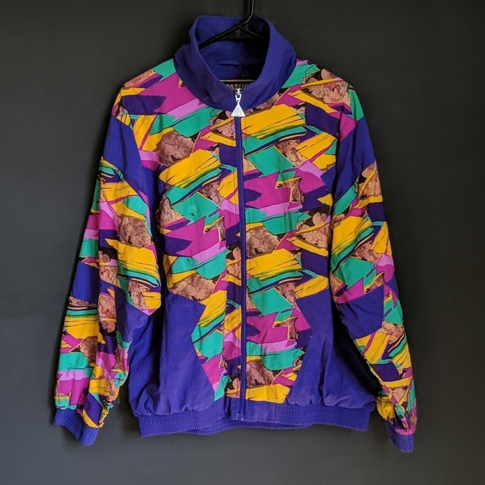 90s Neon Geometric Windbreaker Jacket